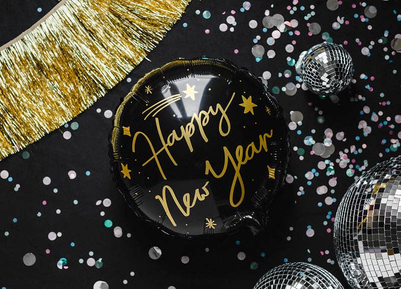 Happy New Year Black Round Foil Balloon 18 in. (W/helium)