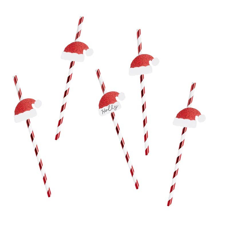 Striped Paper Straws With Santa Hat Drink Marker 16 Pack
