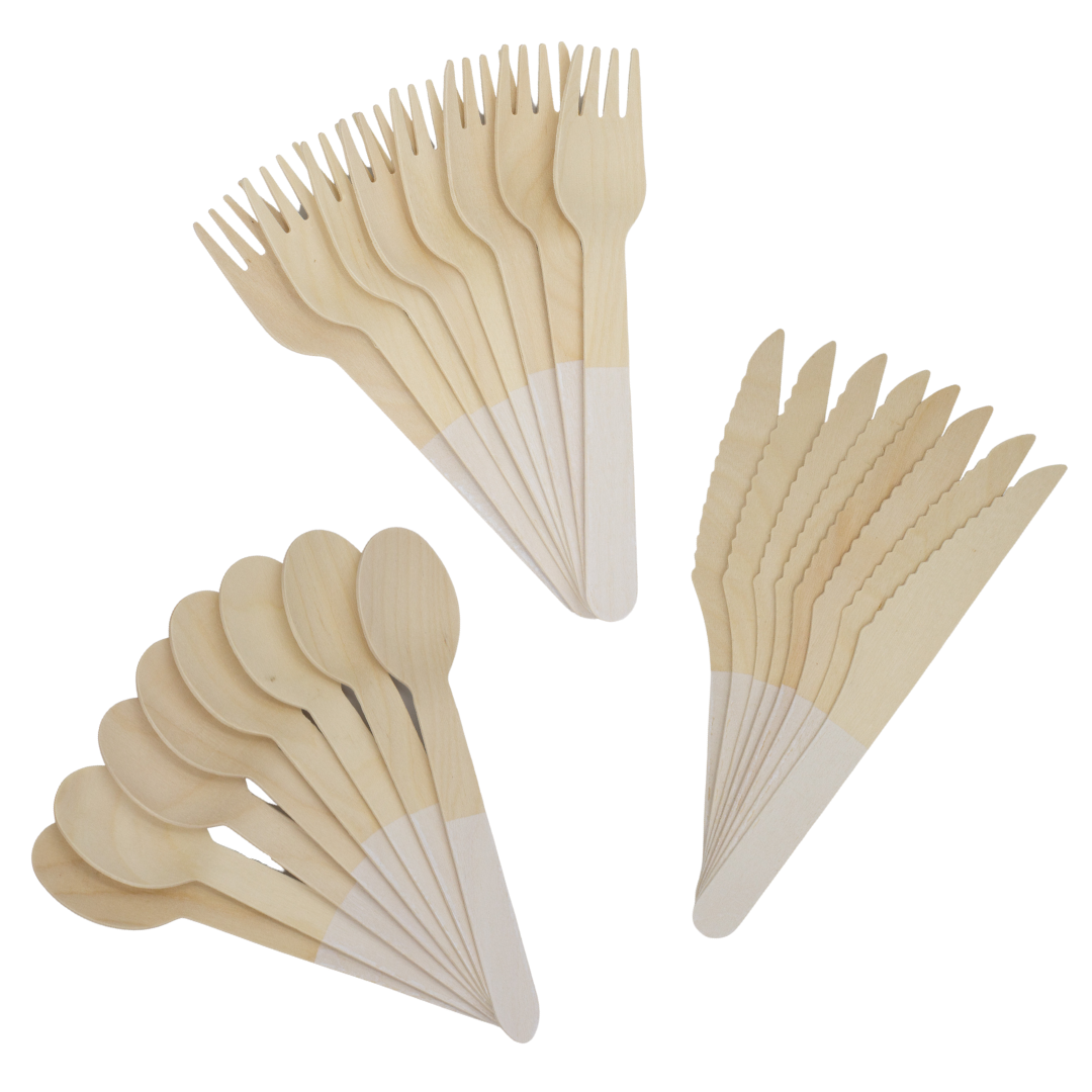 White Wooden Utensils - Spoon, Fork, Knife (Set of 24)
