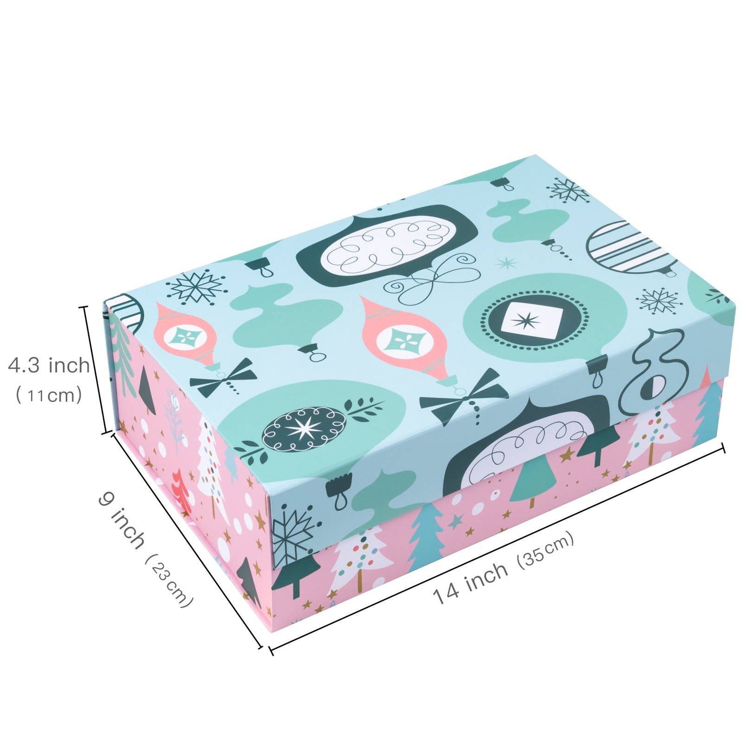 14" x 9" x 4.3" Pink & Blue Ornaments Holiday Gift Box