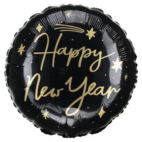 Happy New Year Black Round Foil Balloon 18 in. (W/helium)