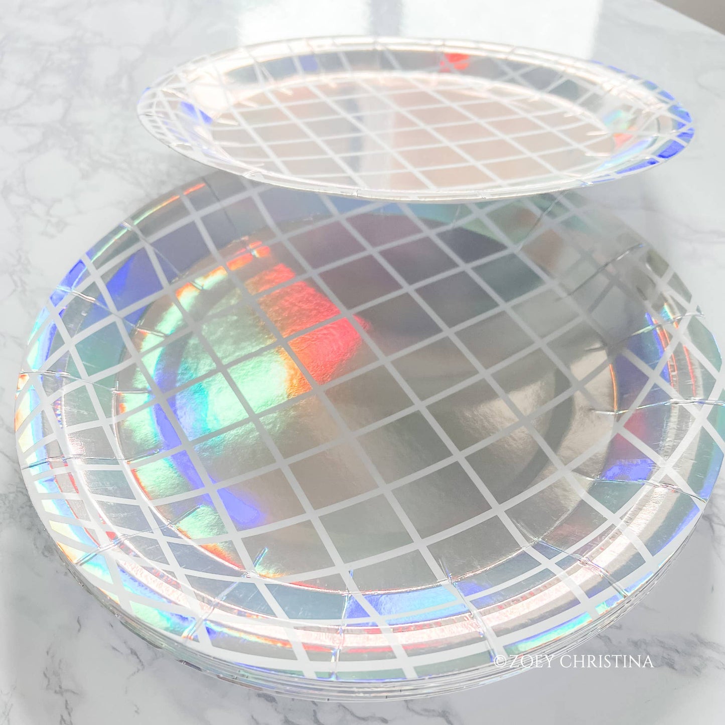 Iridescent Disco Ball Plates - 9" Silver Foil, 20-Pack