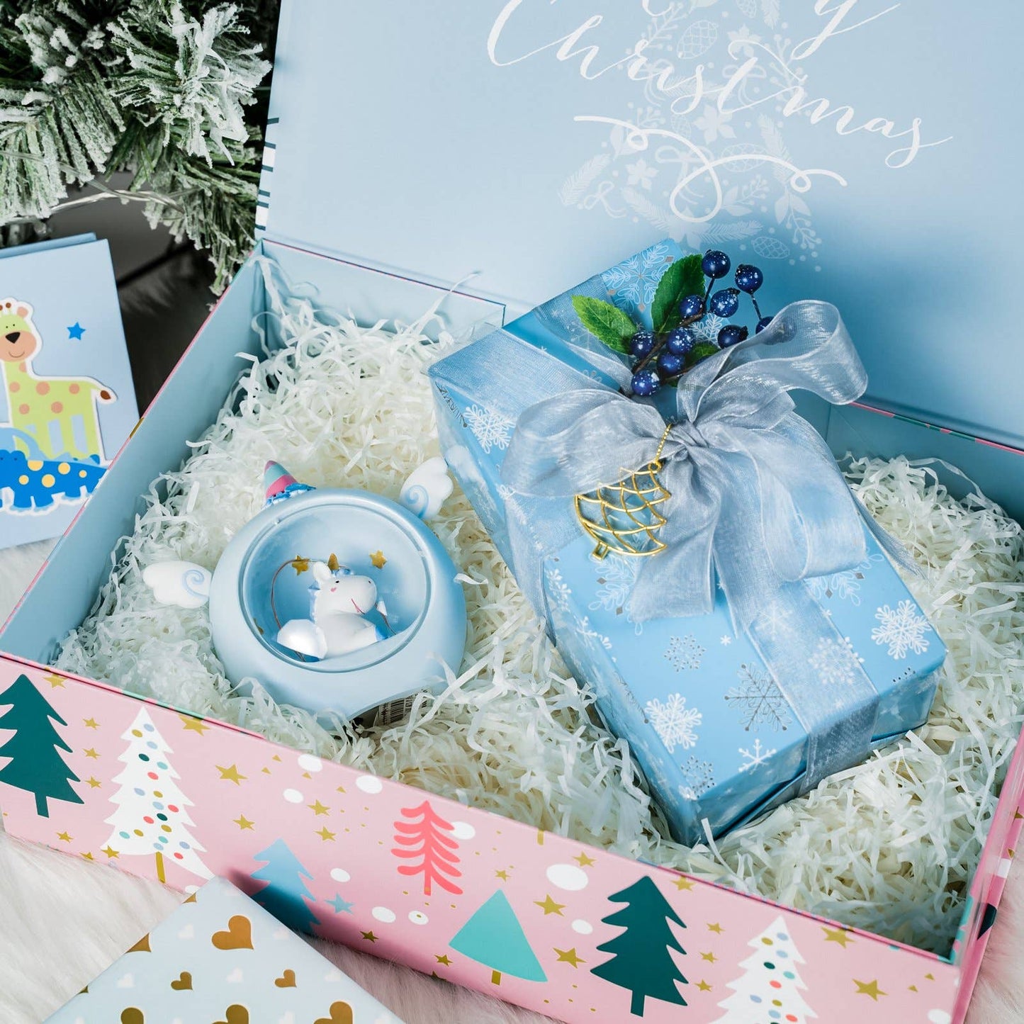 14" x 9" x 4.3" Pink & Blue Ornaments Holiday Gift Box