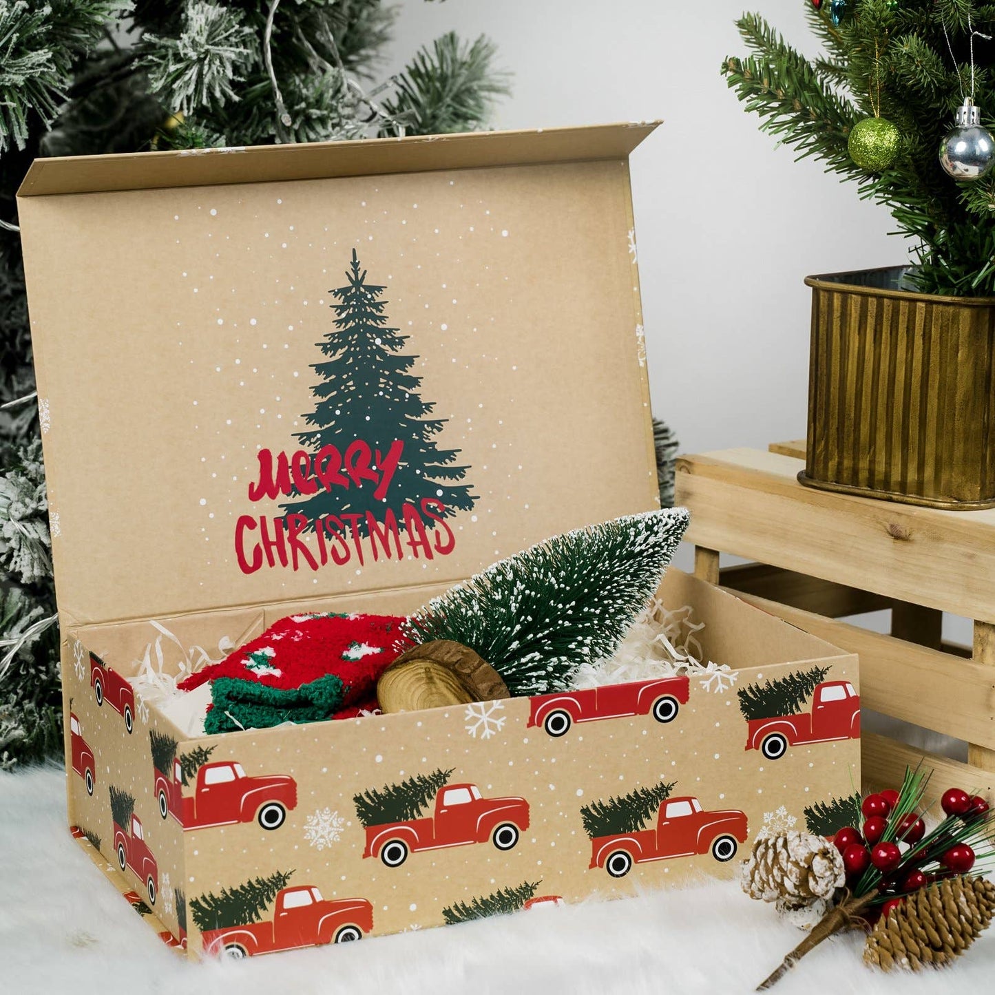 14" x 9" x 4.3" Red Truck w/ Christmas Tree Holiday Gift Box