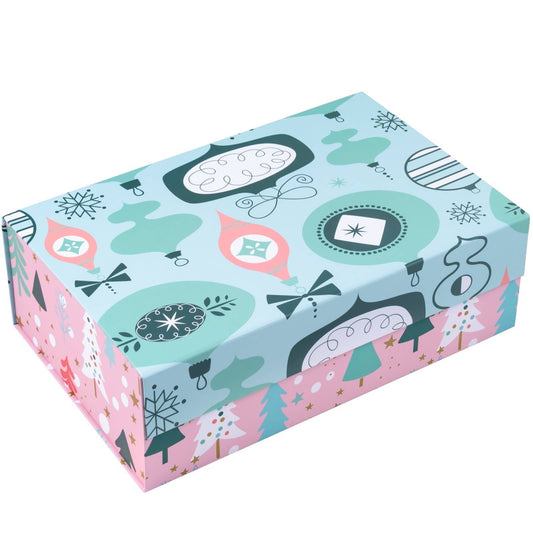 14" x 9" x 4.3" Pink & Blue Ornaments Holiday Gift Box