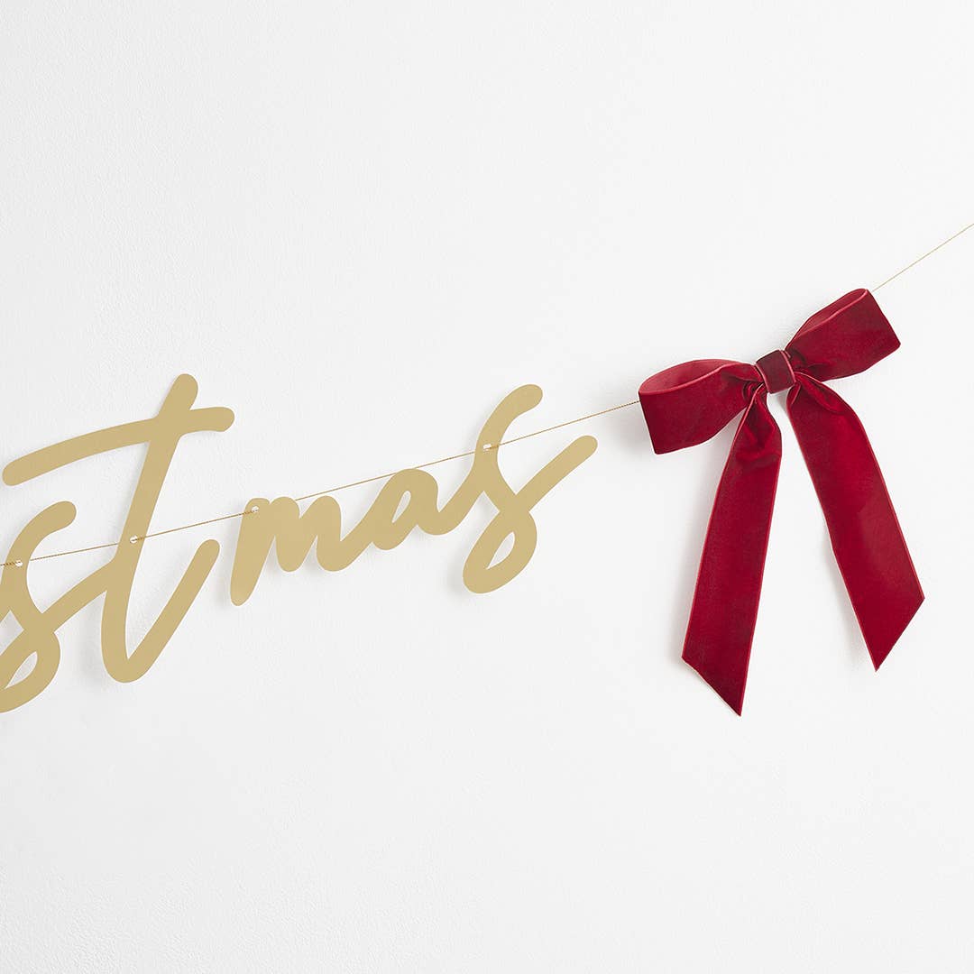 Gold 'Merry Christmas' Banner with Velvet Bows 2m