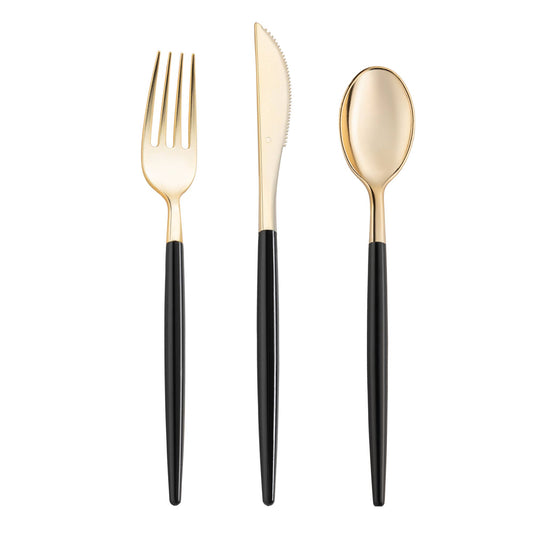 Gold with Black Handle Plastic Cutlery Set (30 pieces for 10 Guests)