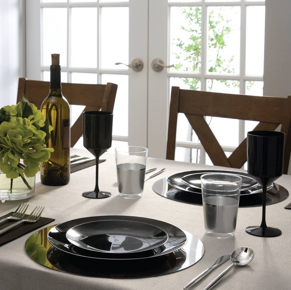 Black • Silver Round Plastic Plates | 10 Pack: 10.25" Dinner Plates