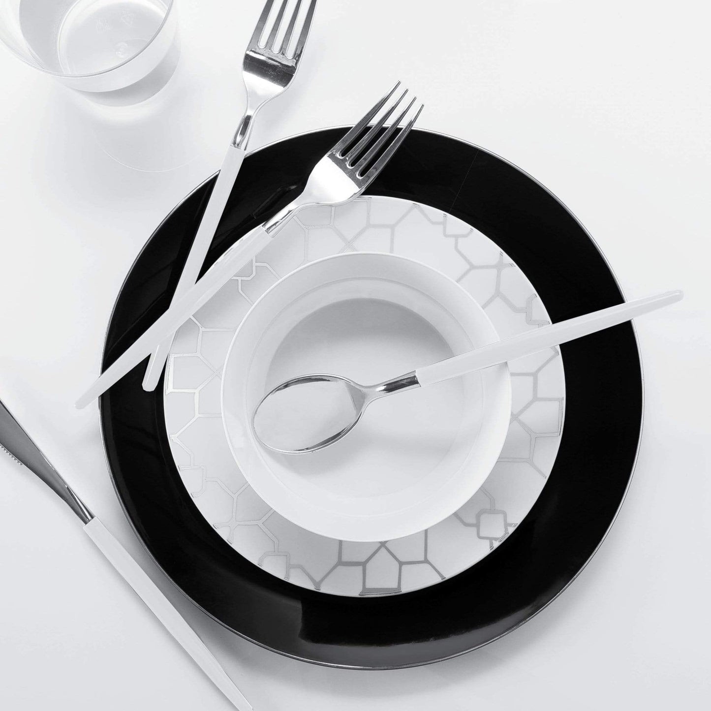 Black • Silver Round Plastic Plates | 10 Pack: 10.25" Dinner Plates