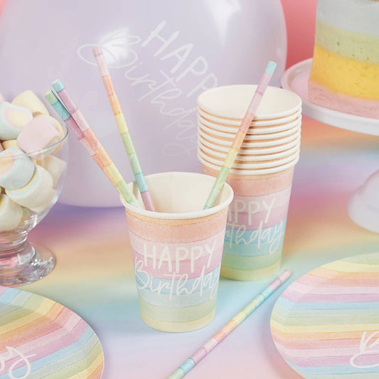 Eco Rainbow 'Happy Birthday' Paper Cups 8 Pack