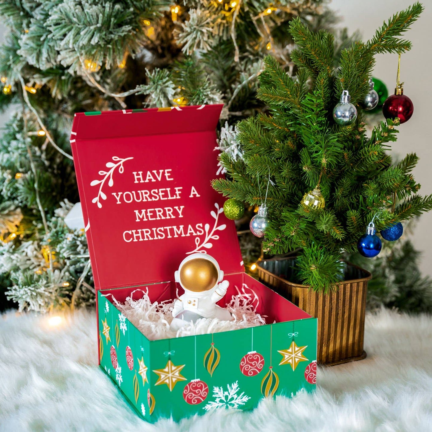 8" x 8" x 4" Red & Green Ornaments Holiday Gift Box