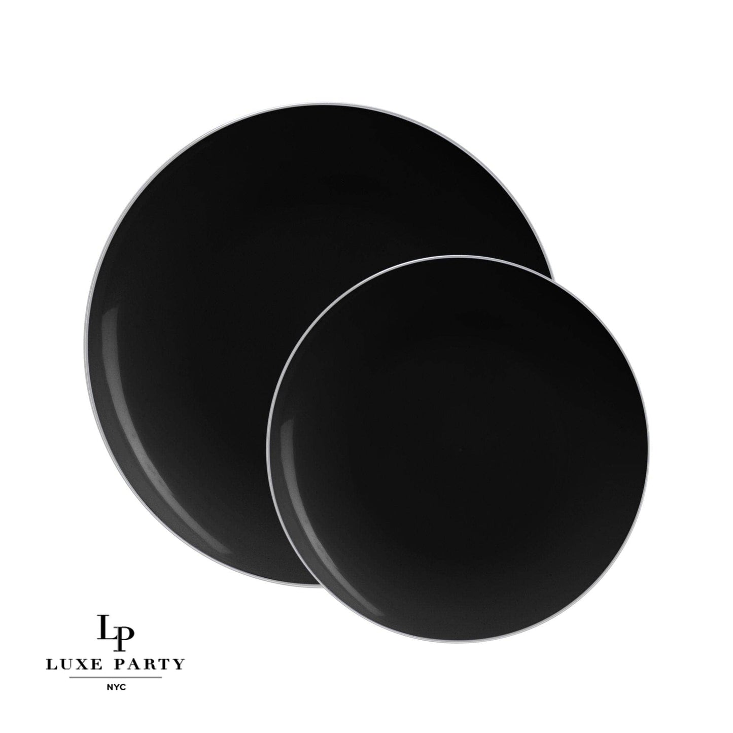 Black • Silver Round Plastic Plates | 10 Pack: 10.25" Dinner Plates