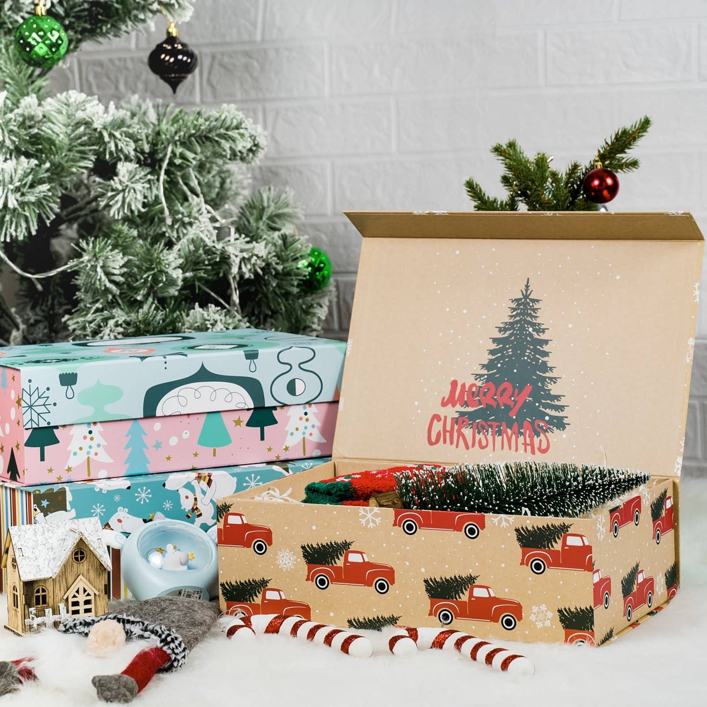 14" x 9" x 4.3" Pink & Blue Ornaments Holiday Gift Box