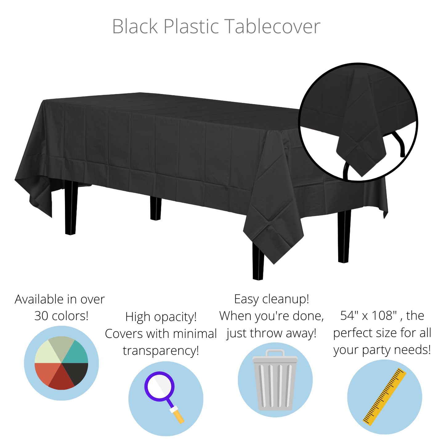 Black Rectangle Disposable Plastic Tablecloth 54in. x 108in.