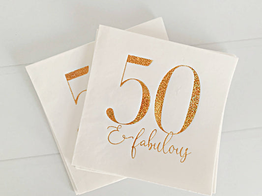 50 and Fabulous Cocktail Napkins - Gold Glitter on White