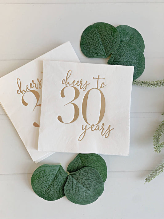 Cheers to 30 Years Cocktail Napkins - Gold on White