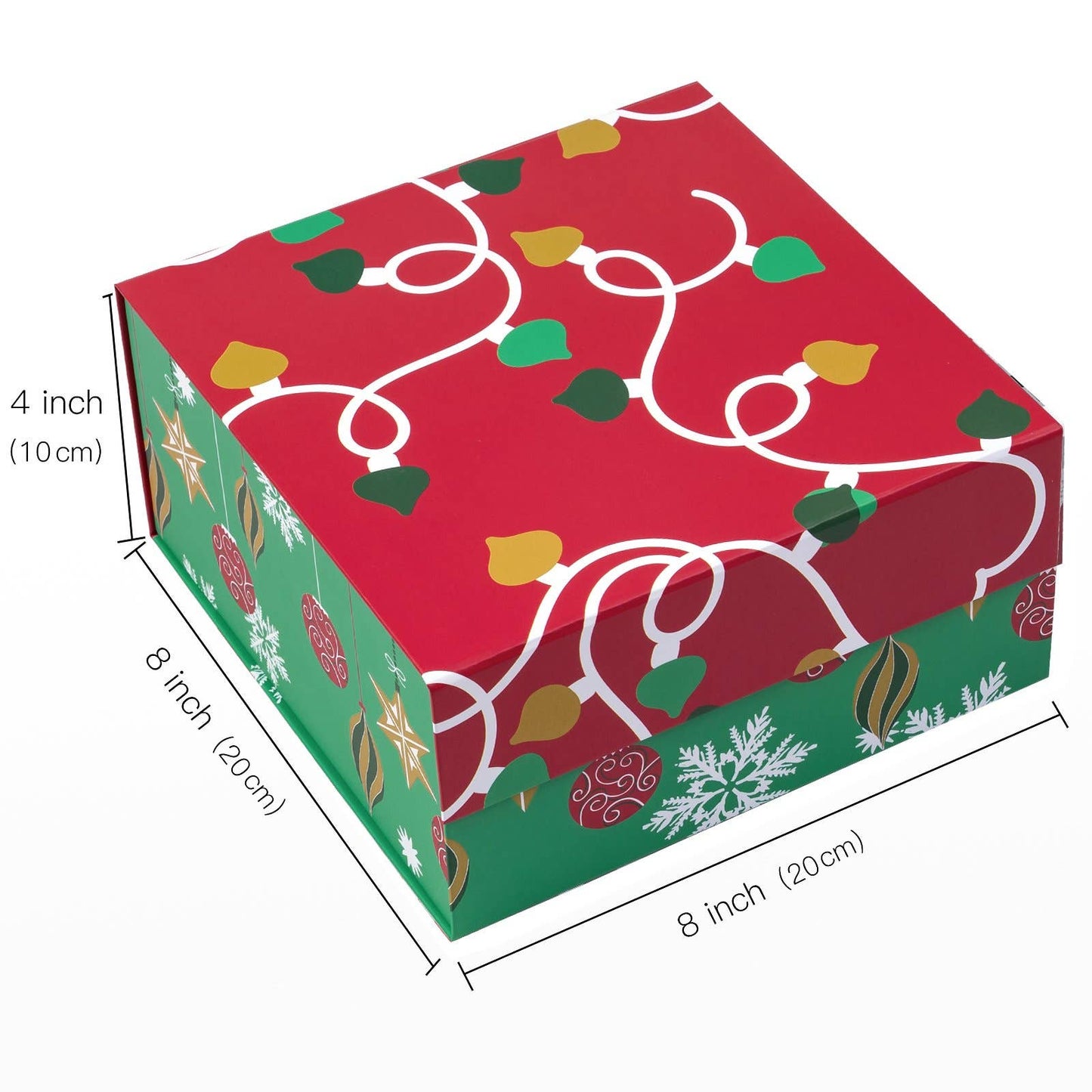 8" x 8" x 4" Red & Green Ornaments Holiday Gift Box