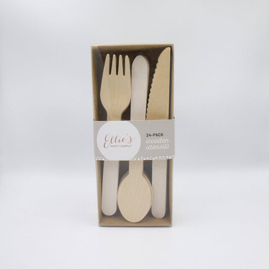 White Wooden Utensils - Spoon, Fork, Knife (Set of 24)