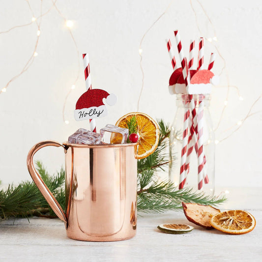Striped Paper Straws With Santa Hat Drink Marker 16 Pack